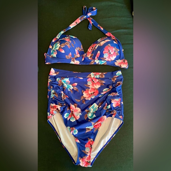 Floral Blue Two Piece Swimsuit - Picture 1 of 3